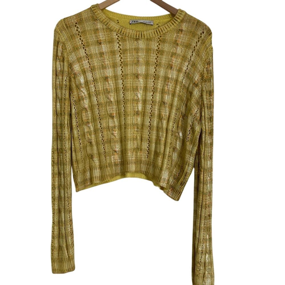 Zara Womens Cable Knit Metallic Crop Sweater L Long Sleeve Yellow Lightweight